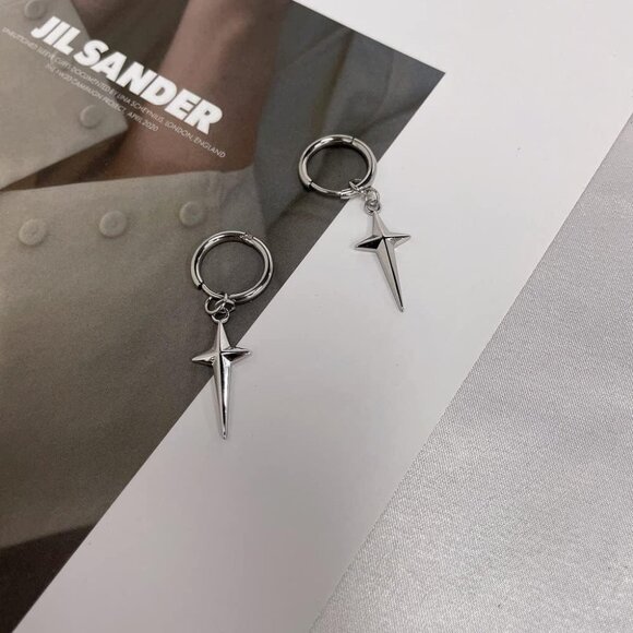 Stainless Steel Punk Cross Star Dangle Earrings for Men Women, Hypoallergenic, L - Picture 3 of 6